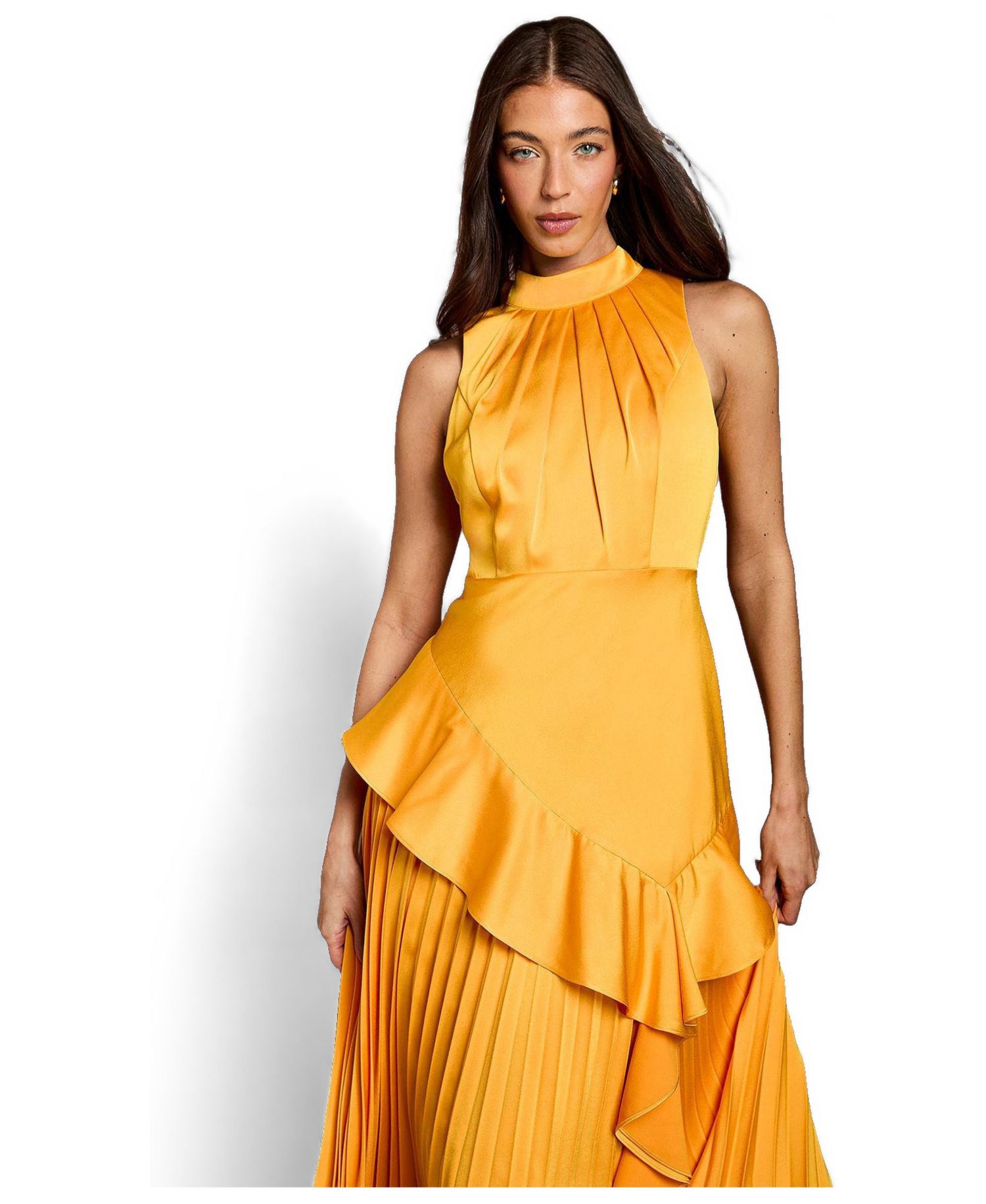 Women's Satin Crepe High-Neck Pleated Maxi Dress