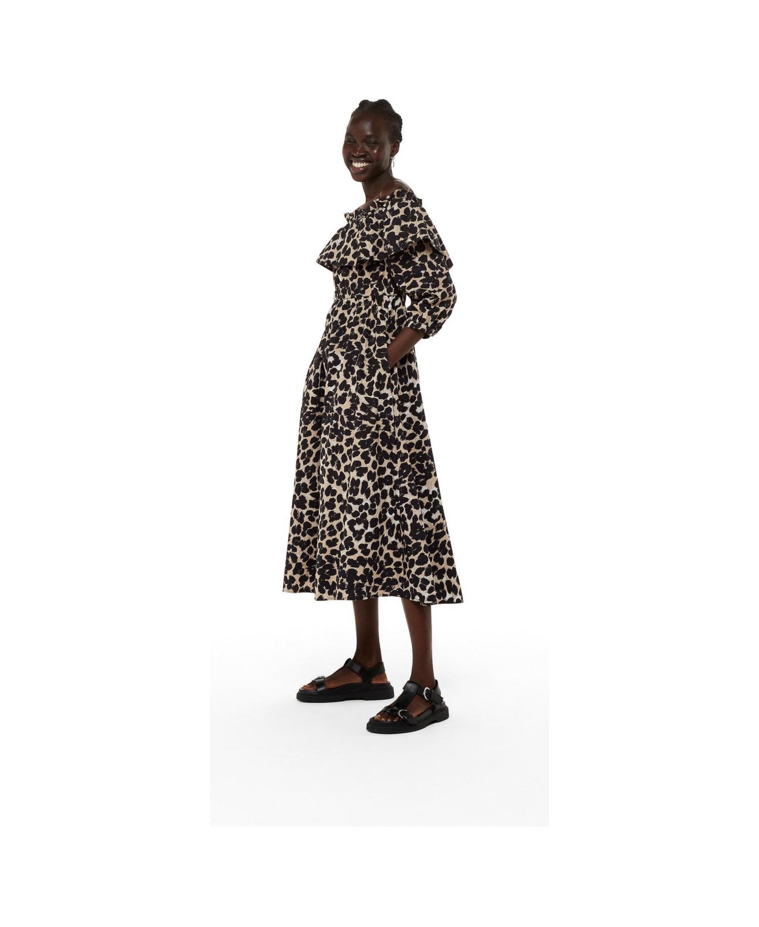 Women's Leopard Spot Bardot Midi Dress