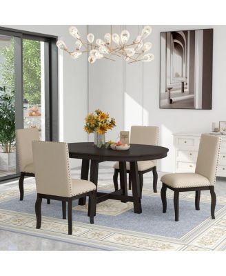 5-Piece Extendable Round Farmhouse Dining Set with 4 Upholstered Chairs