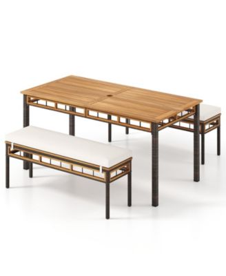 Set of 3 Acacia Wood Patio Dining Set w/1.97'' Umbrella Hole and Cushions for Garden