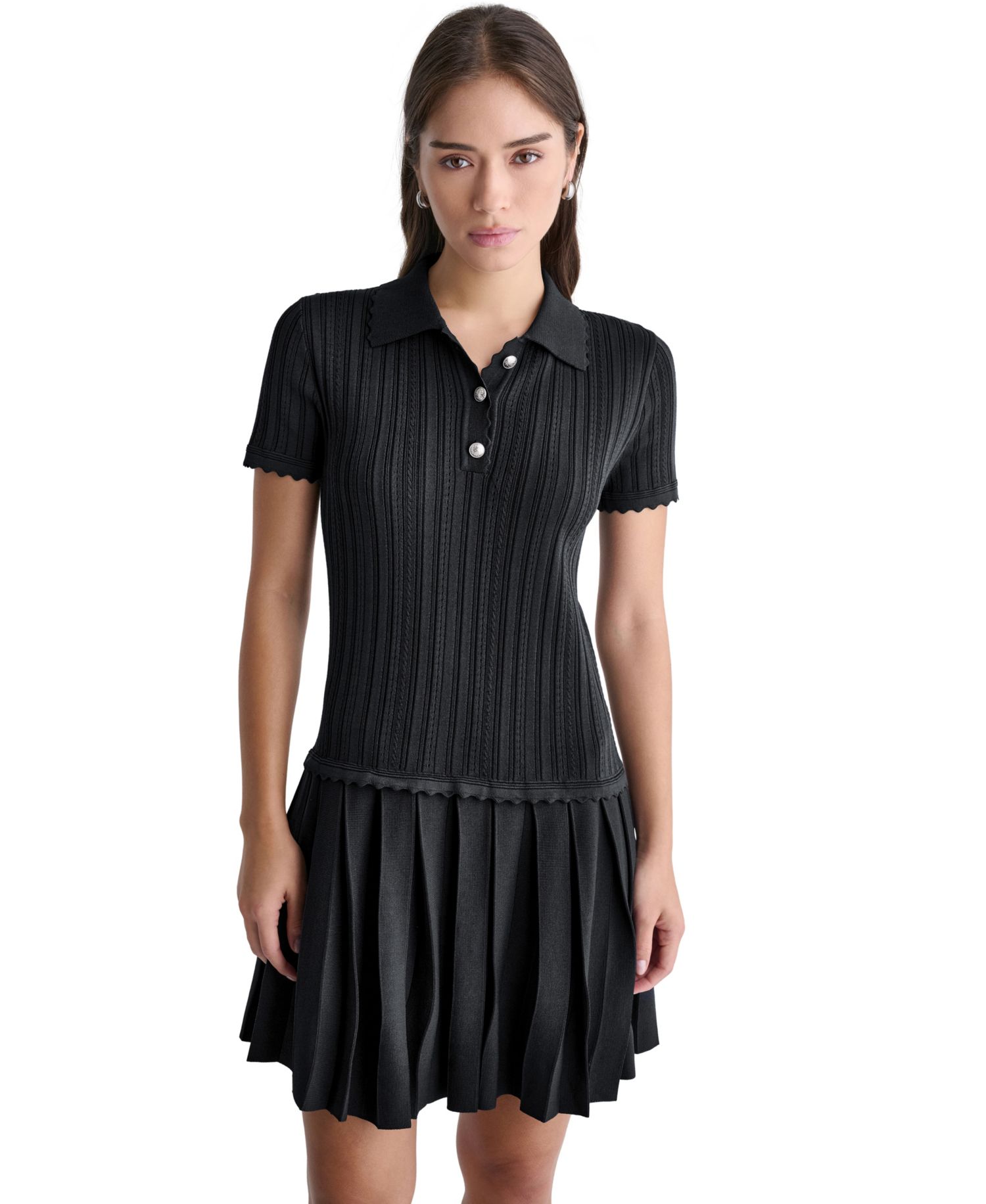 Women's Short-Sleeve Pleated Drop-Waist Sweater Dress