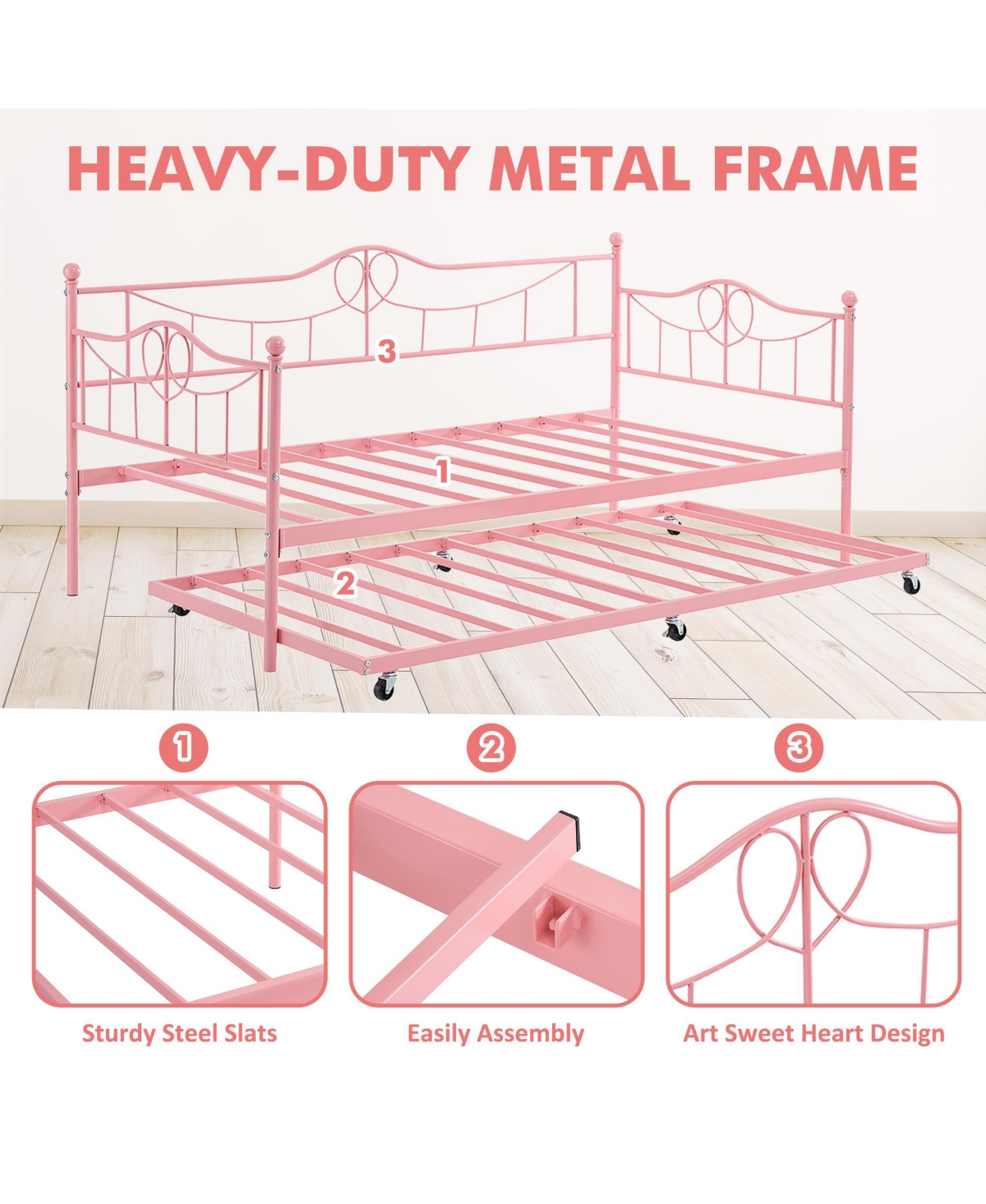 homfan Metal Daybed Frame with Pull-Out Trundle and Steel Slat Support - Versatile Multi-functional Sofa Bed for Guest Room and Modern Living Spaces