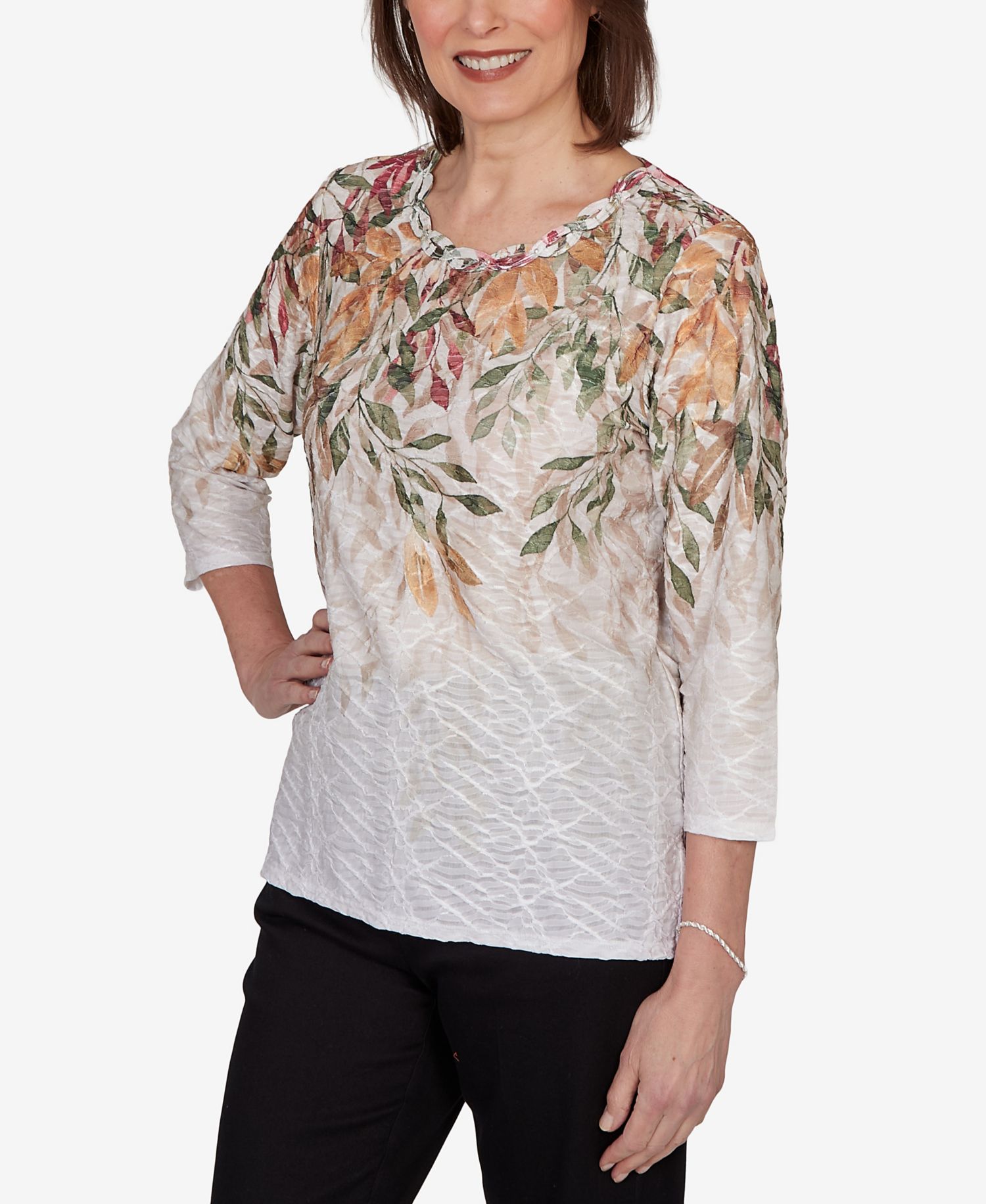 Petite Autumn Leaves Braided Neck Top
