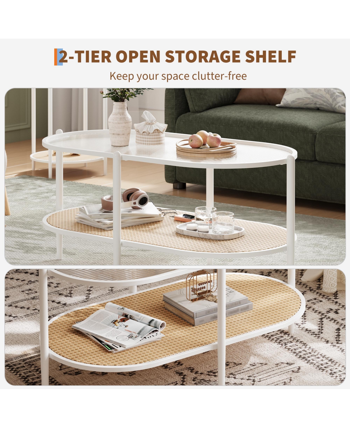homfan Oval 2-Tier Coffee Table with Water-Wave Glass Top, Rattan Accent and Storage Shelf for Living Room