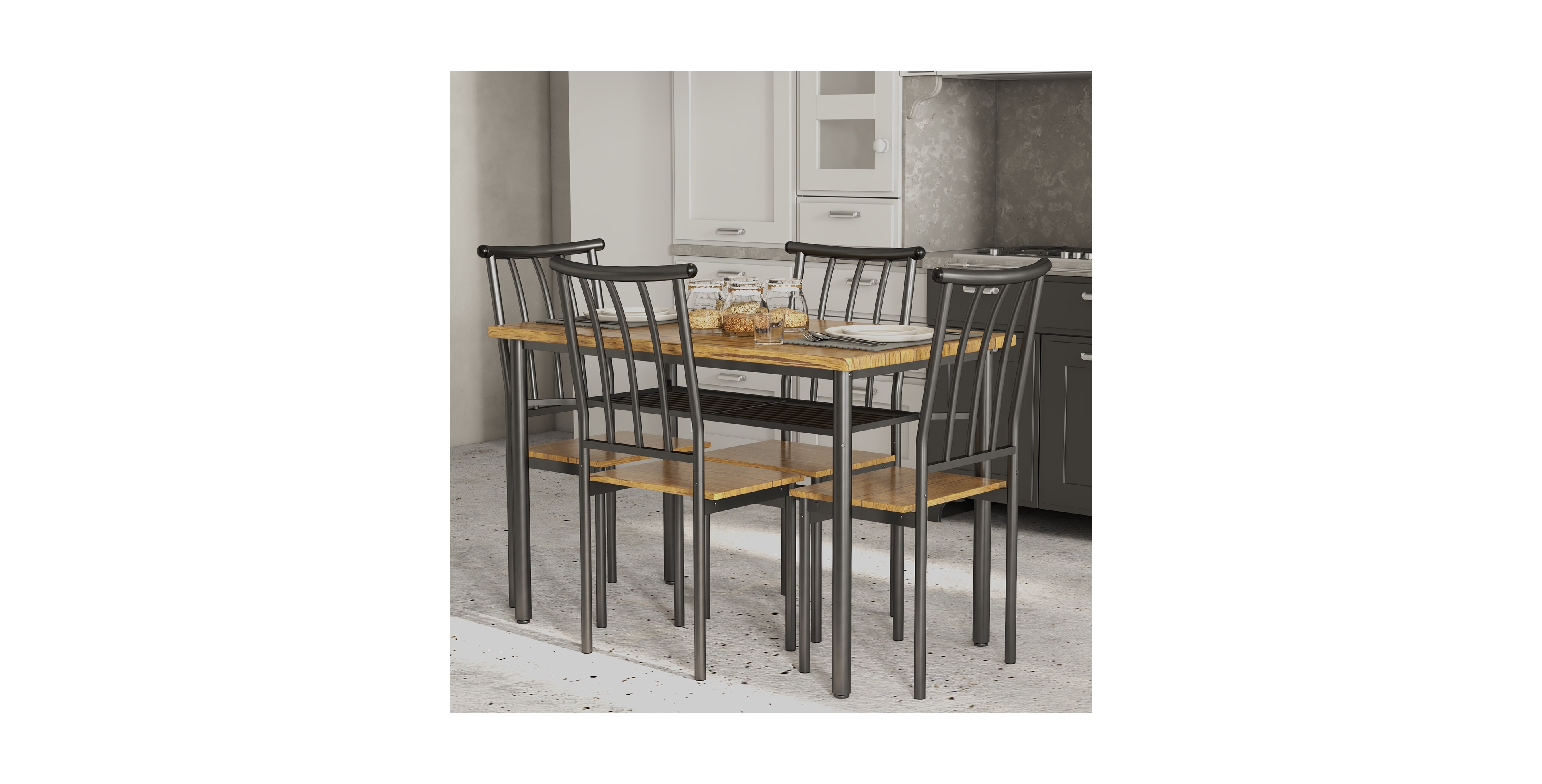 homfan Farmhouse Kitchen Table Set for 4 with Storage Rack and 4 Chairs, 5-Piece Modern Square Kitchen Table Set, Dining Room Table Set