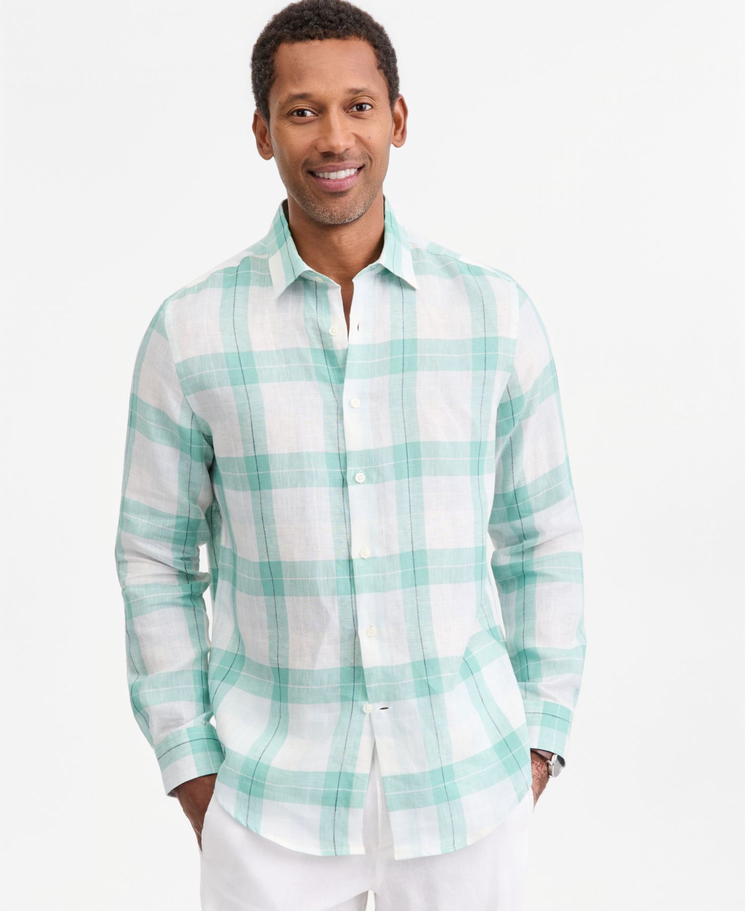 Men's Plaid Linen Button-Up Shirt