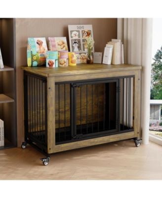 Heavy Duty 38.6" Dog Crate with Wheels, Indoor Pet Kennel, Removable Tray, Easy to Assemble and Clean, Decorative Cage