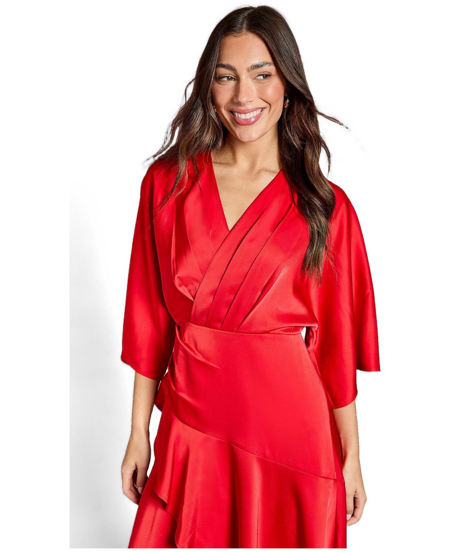 Women's Satin Back Crepe Ruffle Wrap Midi Dress