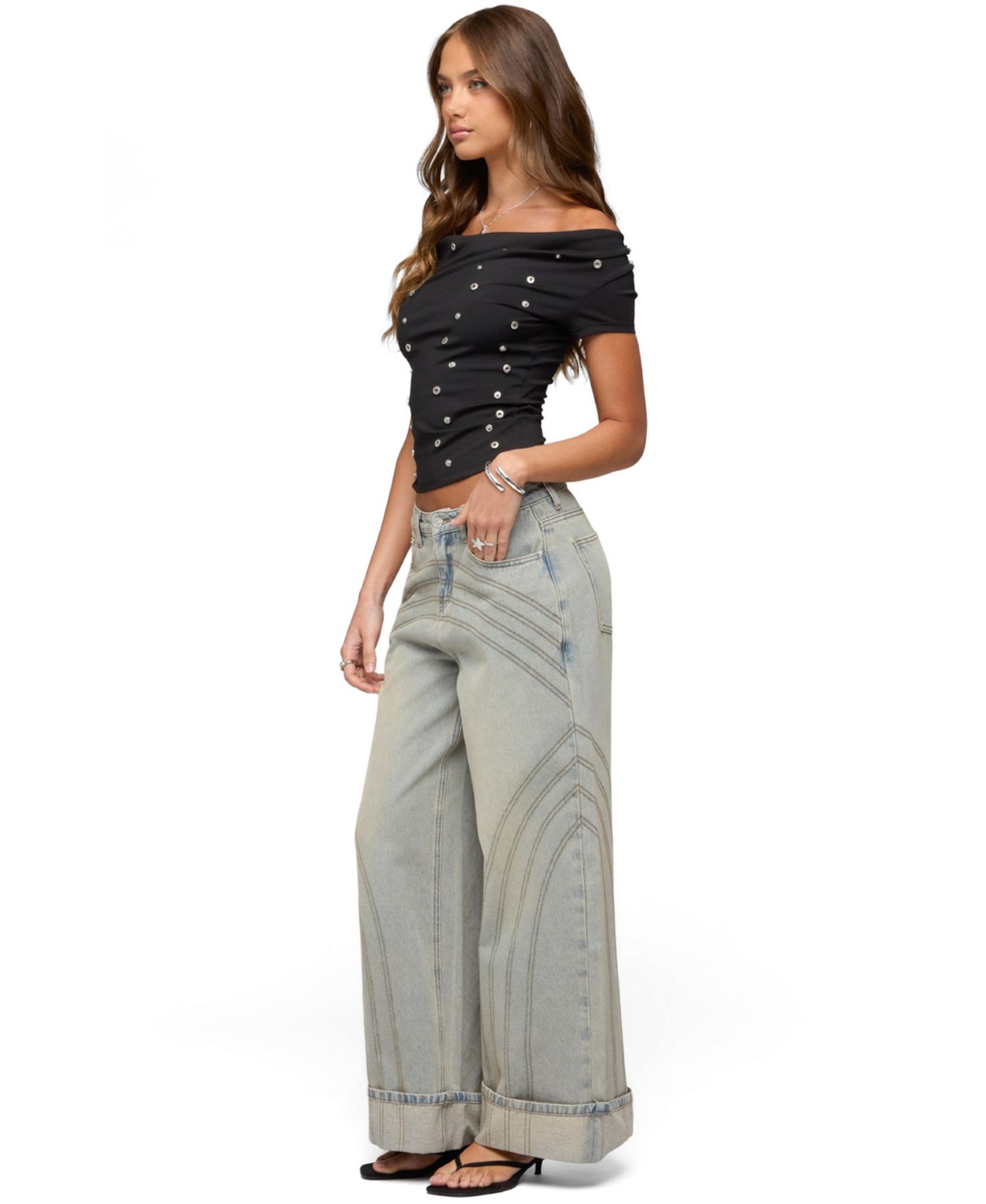 Womens Bijou Metal Snap Cowl Neck Top