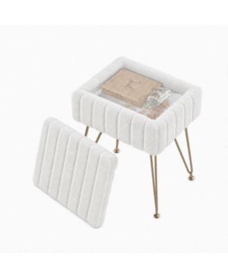 Vanity Stool with Storage, Faux Fur Ottoman with Metal Legs and Anti-Slip Feet, 15.7 x 11.8 x 18.7 Inches Soft Furry Padded Seat Foot Rest