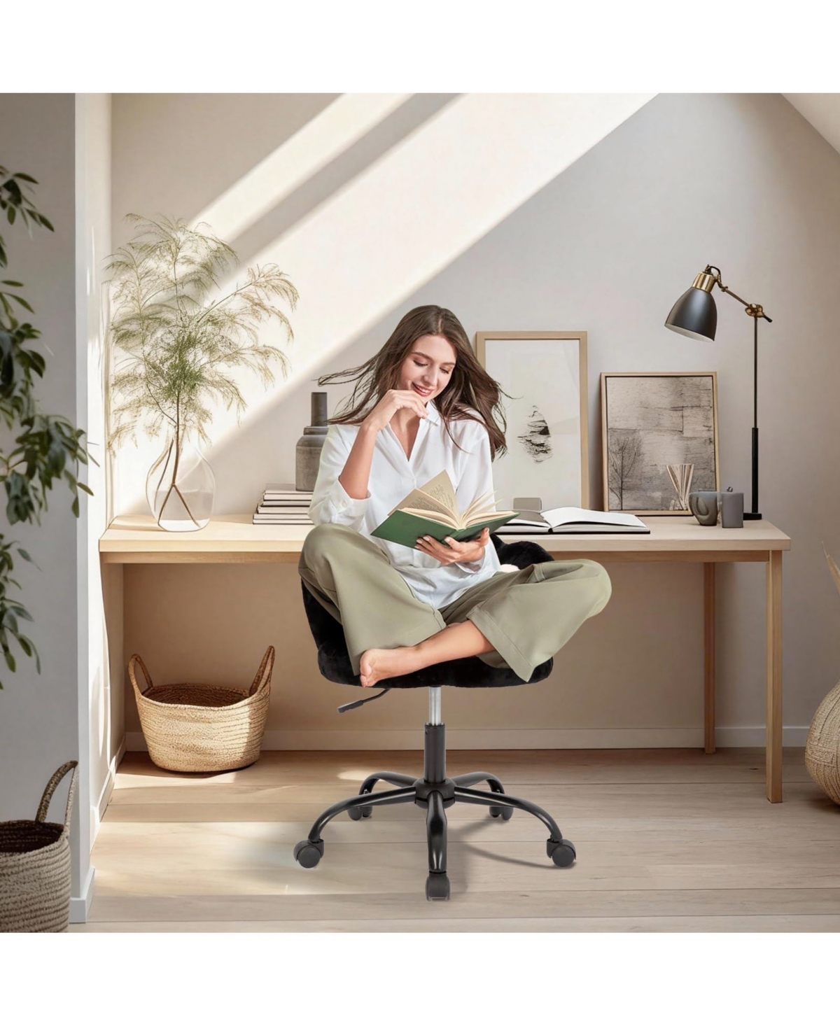 homfan Cute Vanity Chair with Cat-Paw Back, Swivel Wheels, Adjustable Height, Armless Desk Chair for Bedroom, Office, Kids Room