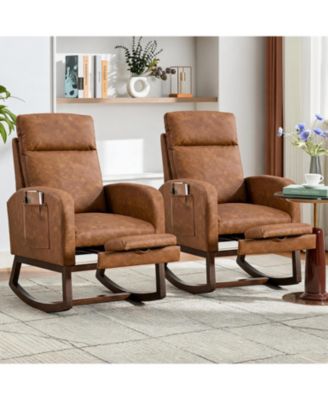 Set of 2 Glider Rocking Chairs, Soft Fabric Upholstered Chairs with Adjustable Footrest and Wood Legs for Living Room or Nursery