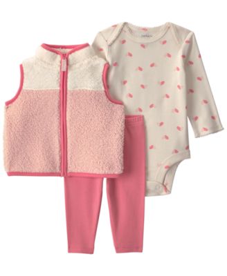 Baby Girls' Color-Block Teddy Fleece Layering Long-Sleeve Bodysuit, Vest and Pants, 3-Piece Set