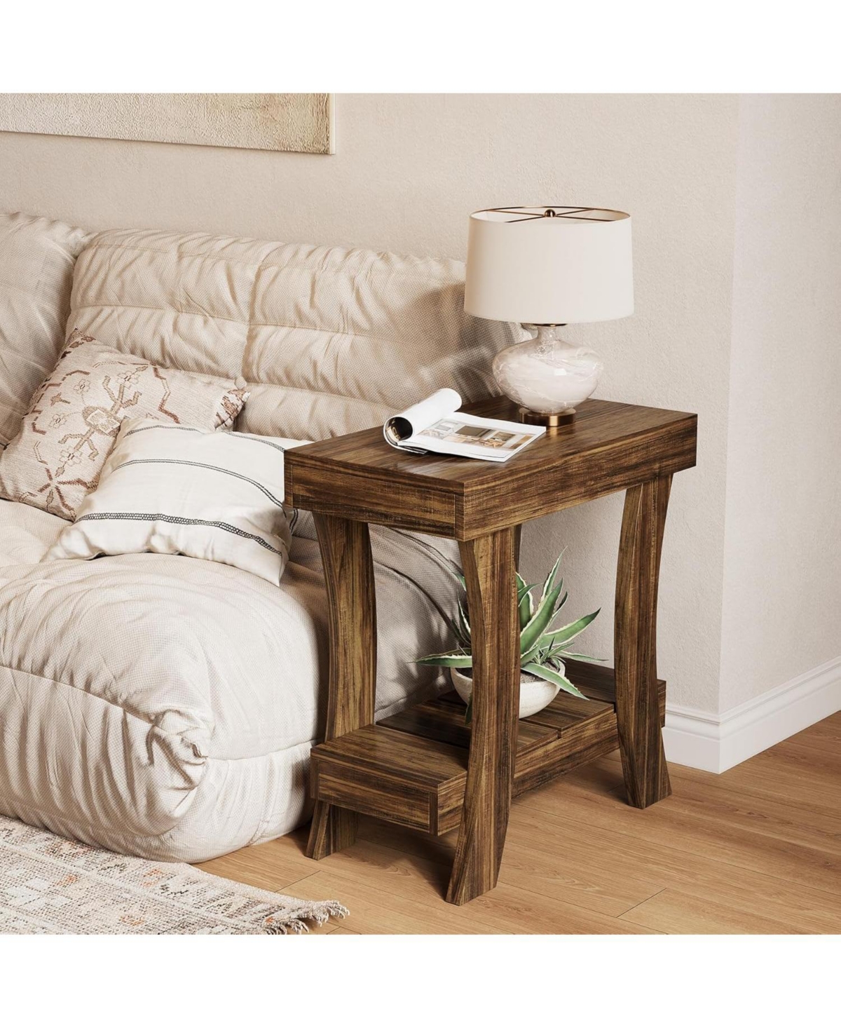Tribesigns Narrow Side Table: 2-tier with wood legs. Small nightstand for bedroom, living room, small spaces