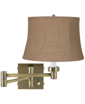 Modern Swing Arm Wall Lamp Antique Brass Plug-In Light Fixture Burlap Drum Shade Bedroom Bedside Reading