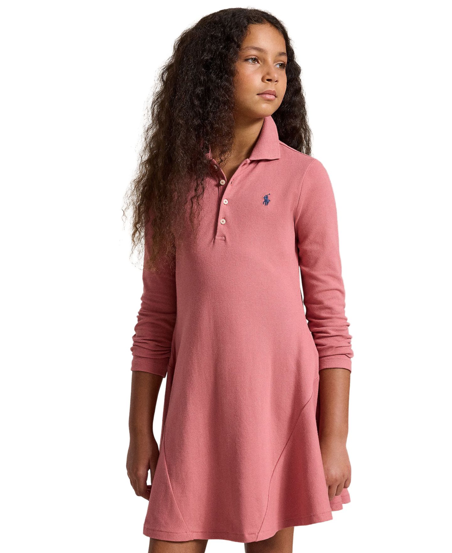 Платье Polo Ralph Lauren Stretch Mesh Long-Sleeve Polo Dress для девочек, цвет: Холщовый розовый — фото 2