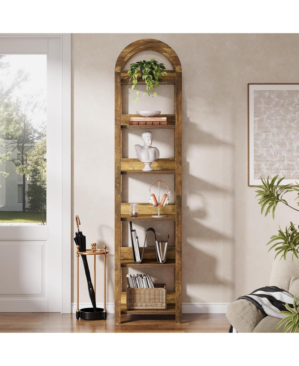 Tribesigns 71" Tall Arched Bookshelf, Skinny Wooden Display Shelf Open Storage Rack for Living Room, Home Office, Bathroom, Kitchen, 2 pieces