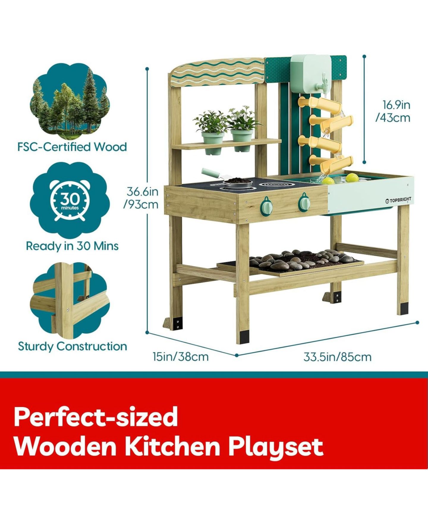 Детская игрушка TOP BRIGHT Mud Kitchen 4-In-1 Water Play Wooden Playhouse, Ages 3+ — фото 2