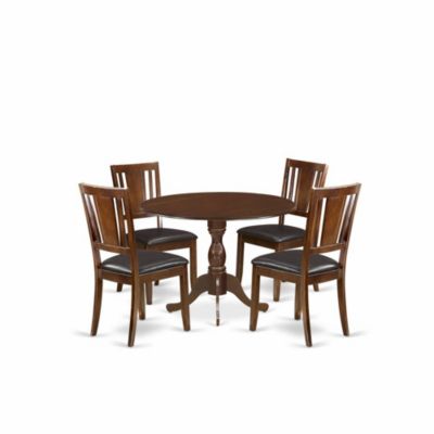 5 Piece Wood Dining Table Set Consists of 1 Drop Leaves Wooden Dining Table and 4 Mahogany Faux Leather Dining Chair with Panel
