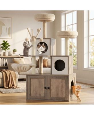 2-in-1 Modern Cat House and Litter Box Enclosure with Tree Tower, Hidden Washroom, Hammock, Scratching Posts, Soft Perches, Multi-Functional Furniture