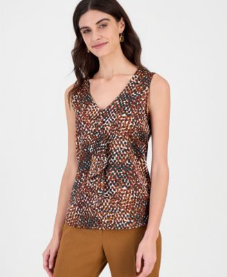 Women's Ruffle-Front Allover Print Sleeveless Blouse