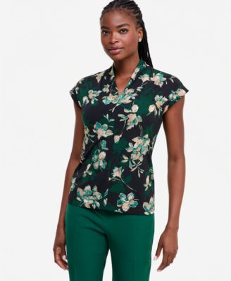 Women's Funnel-Neck Foil-Print Floral Cap-Sleeve Blouse