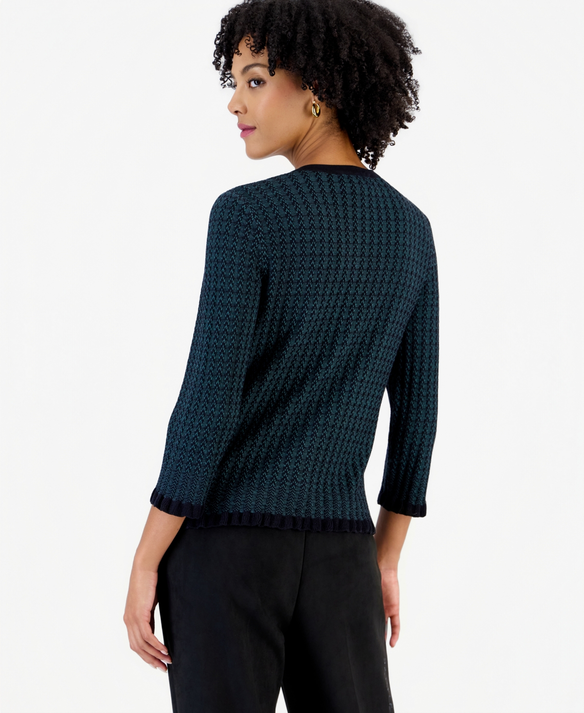 Kasper Petite Two-Tone Stitch Crewneck 3/4 Sleeve Cardigan