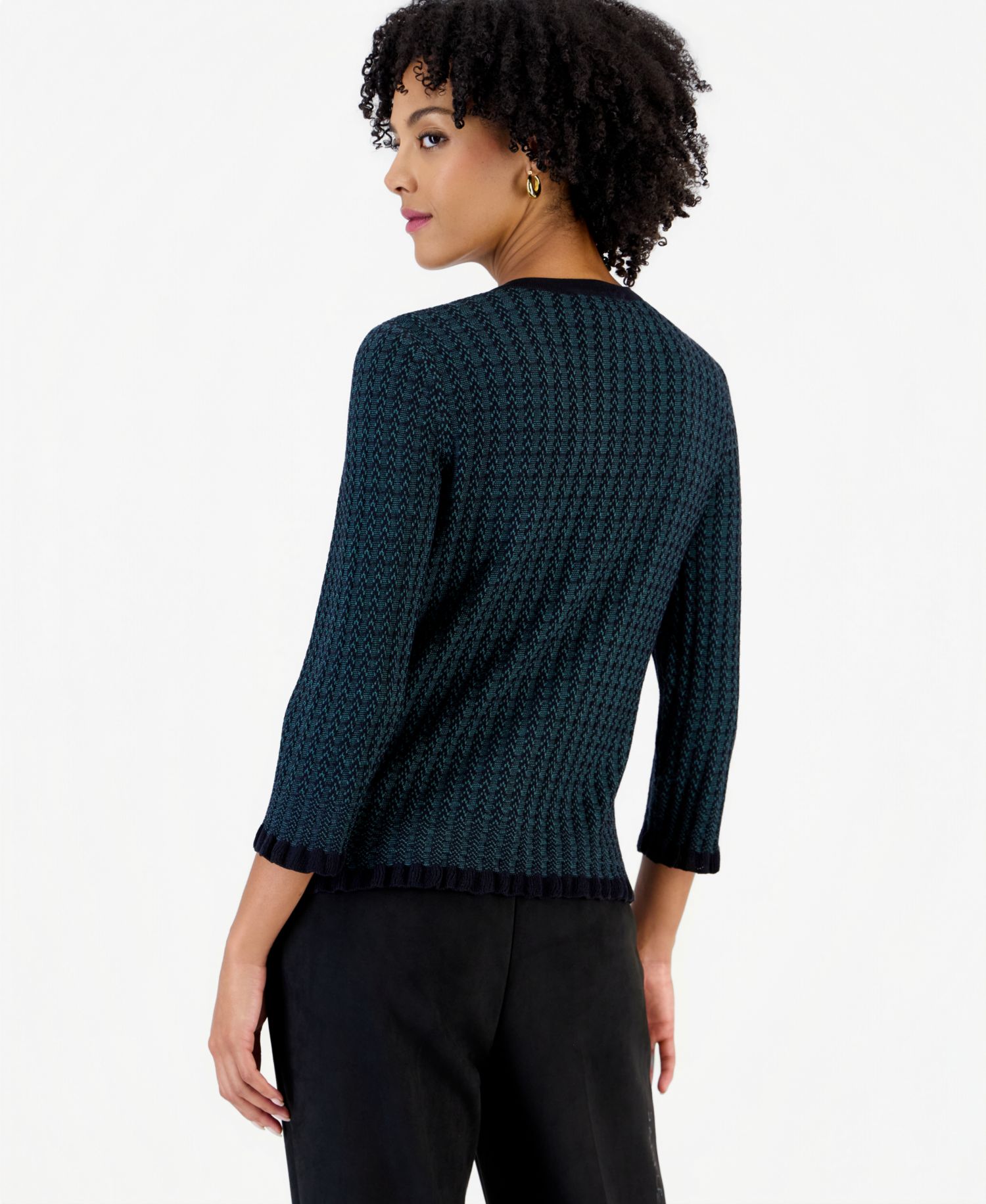 Petite Two-Tone Stitch Crew Neck 3/4 Sleeve Cardigan
