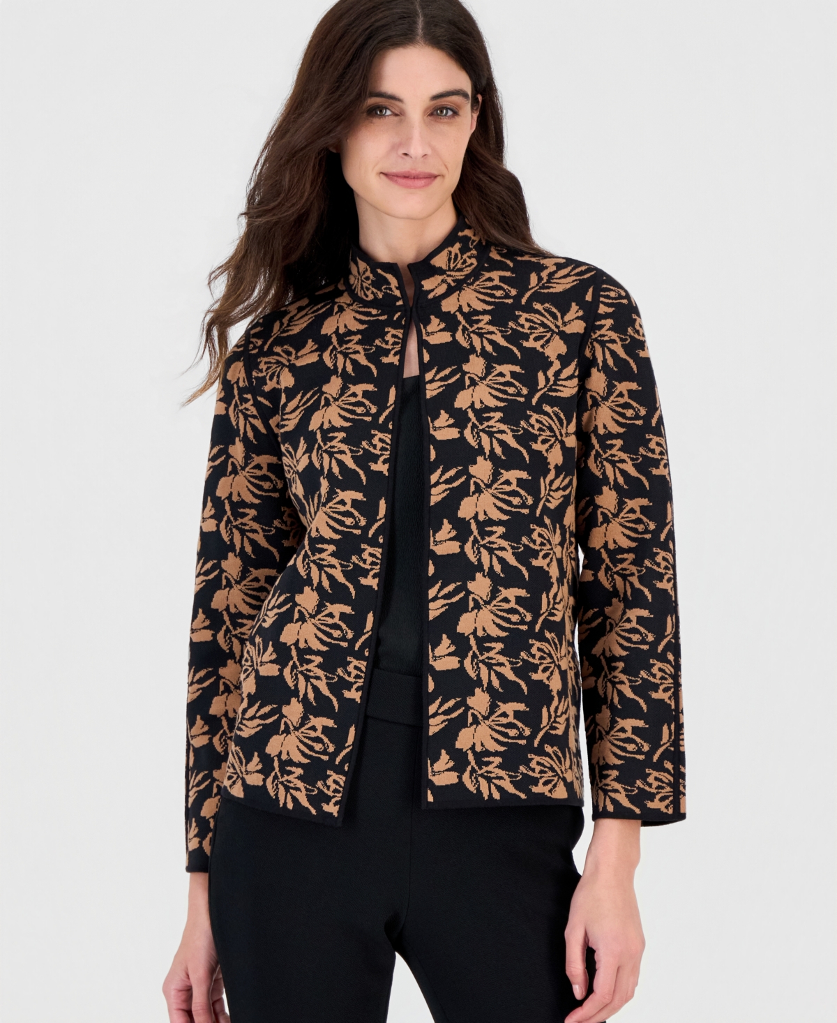 Kasper Women's Open-front Floral Cardigan In Black,dark Camel