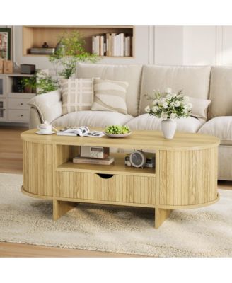 Oval Coffee Table, 47.2" Fluted Coffee Table with Storage, Center Table with Drawer and Sliding Doors, Indoor Living Room Table for Small Spaces