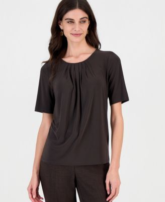 Women's Box-Pleat Neck Elbow-Sleeve Blouse