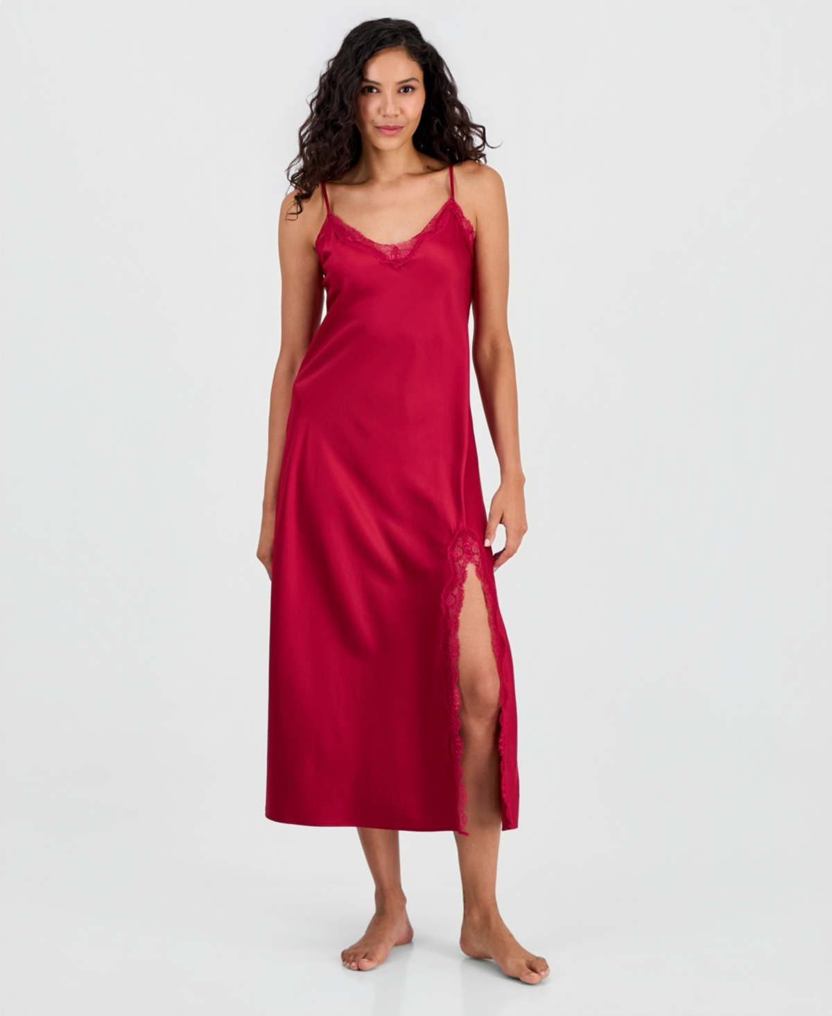 I.n.c. International Concepts Women's Lace-Trim Satin Nightgown, Exclusively at Macy's - Posh Berry