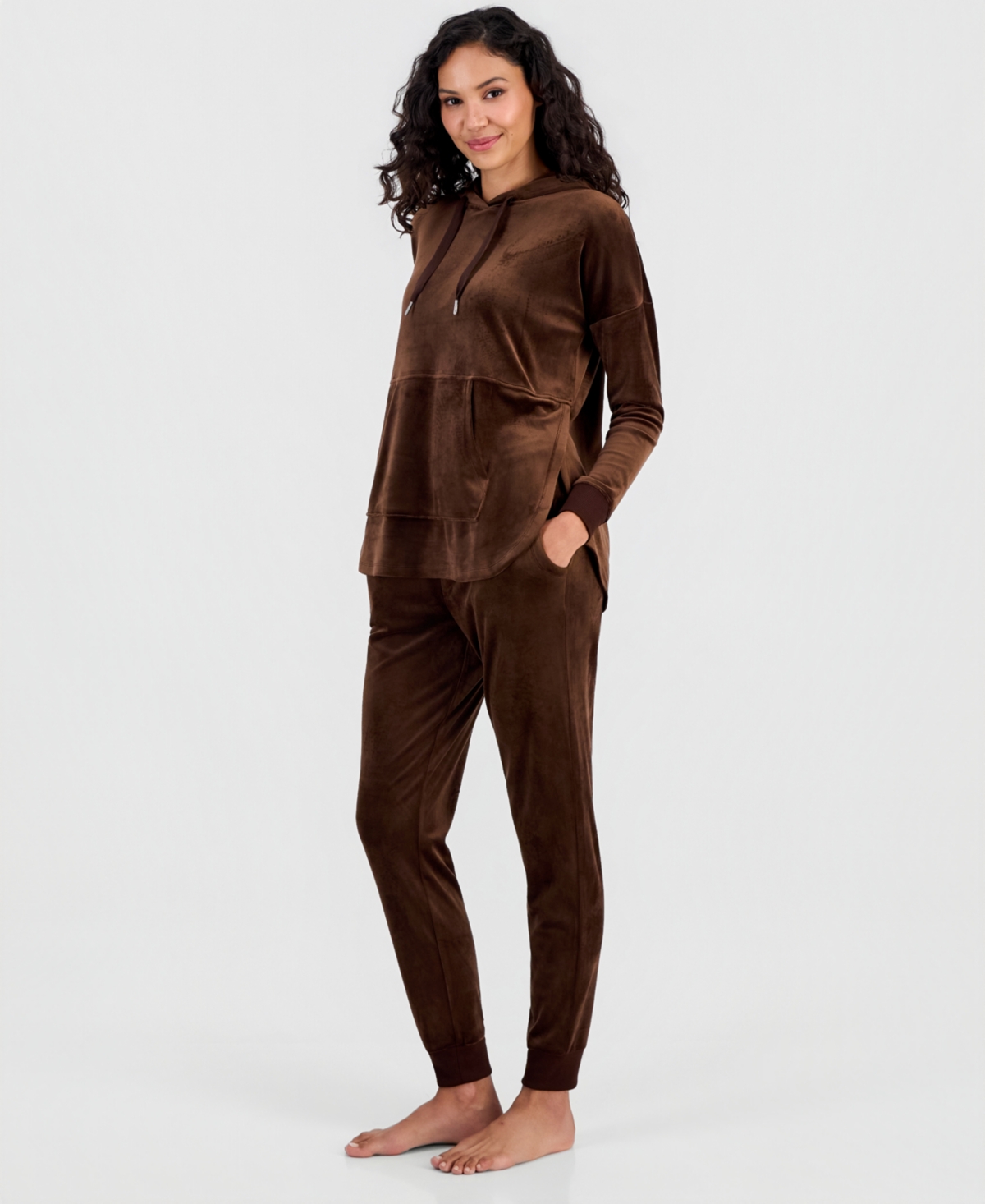 I.n.c. International Concepts Women's Hooded Long-Sleeve Velour Pajama Set, Macy's Exclusive - Sweet Cocoa