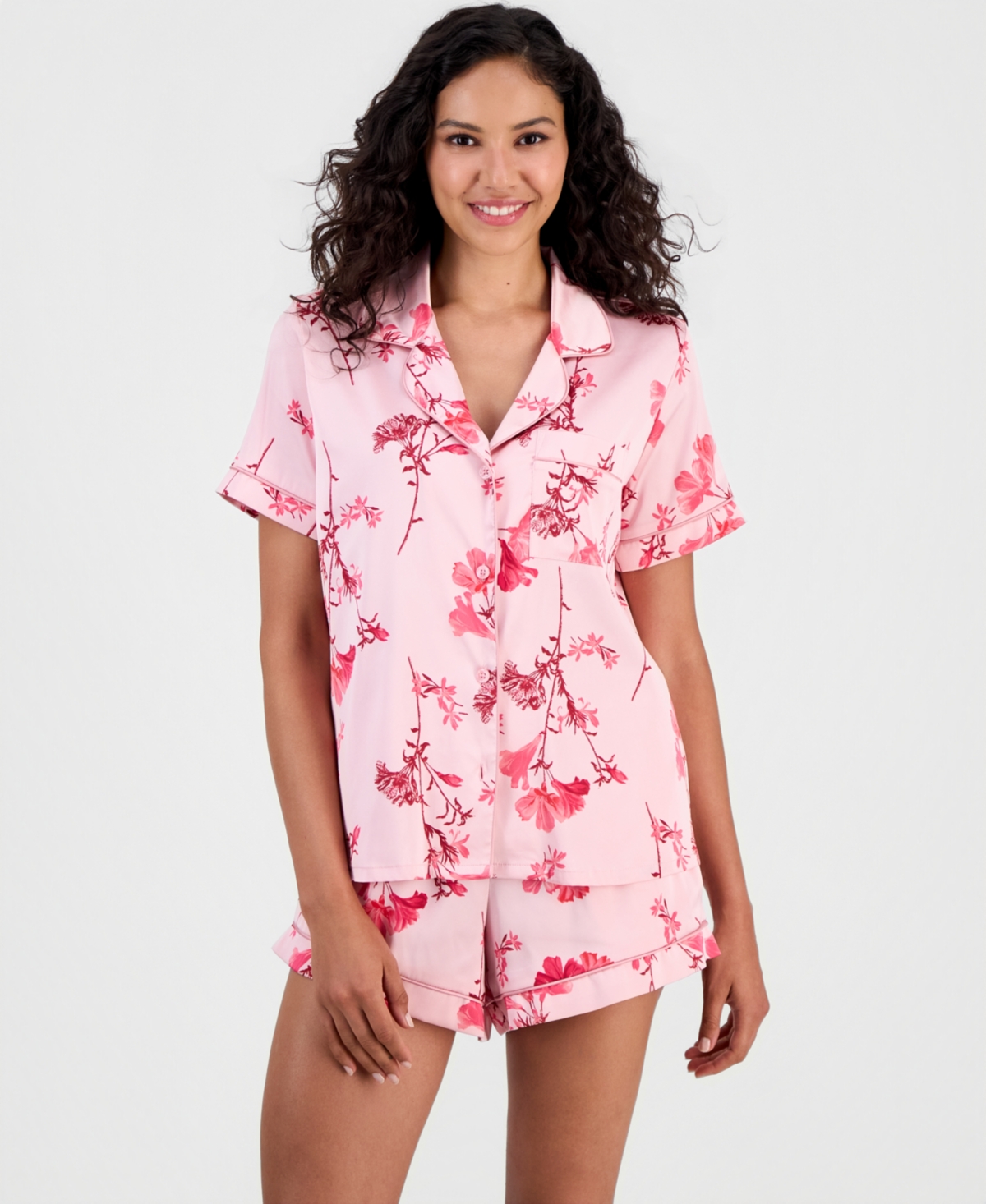 I.n.c International Concepts Women's Stretch Satin Short-Sleeve Pajama Set, Exclusively at Macy's - Pink Enamel