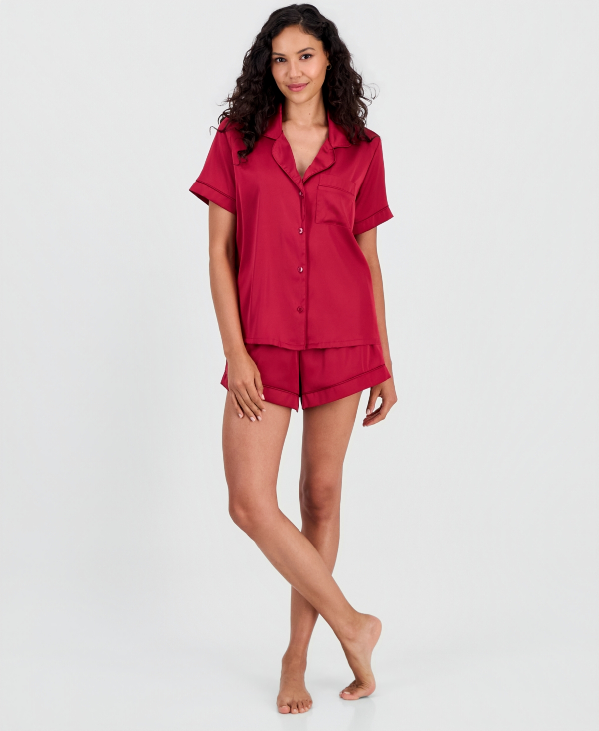 I.n.c International Concepts Women's Stretch Satin Short-Sleeve Pajama Set, Exclusively at Macy's - Posh Berry