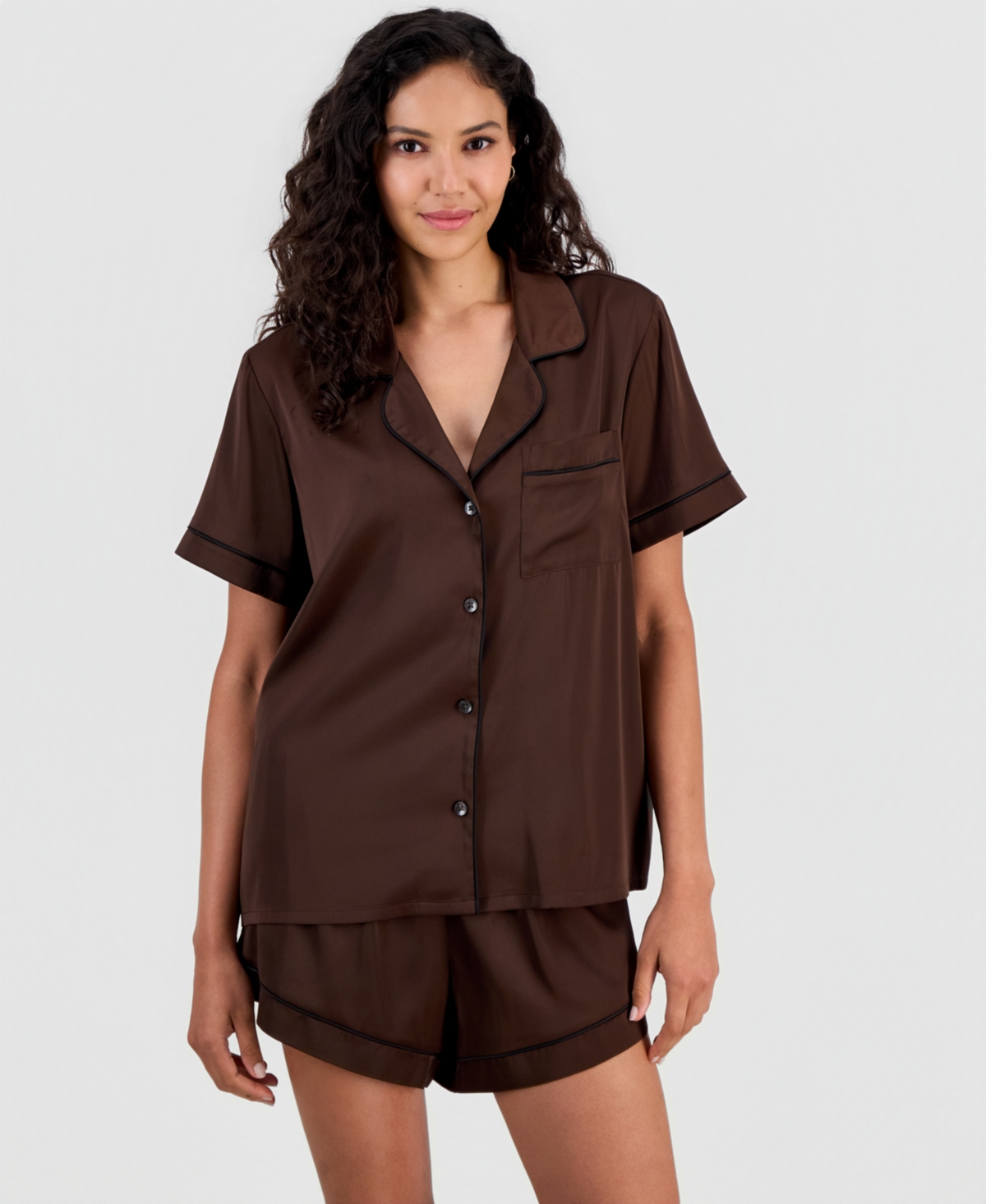 I.n.c International Concepts Women's Stretch Satin Short-Sleeve Pajama Set, Exclusively at Macy's - Sweet Cocoa