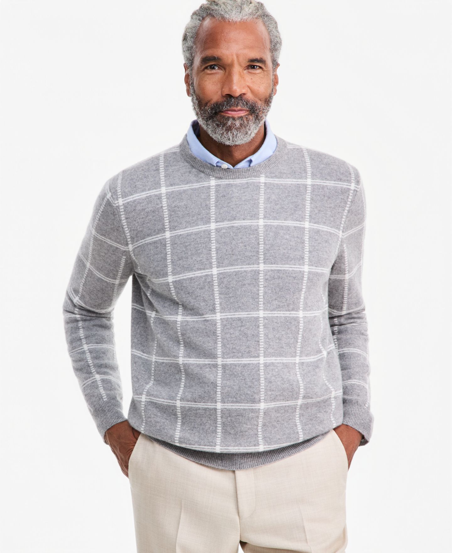 Мужской свитер Club Room Cashmere Windowpane Crewneck, цвет: Серый — фото 1