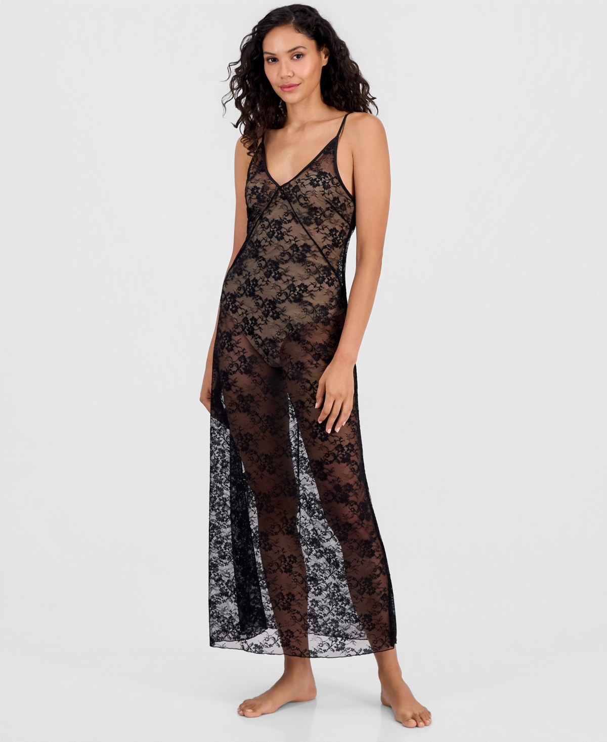 I.n.c. International Concepts Women's Sheer Floral V-Neck Lace Gown, Macy's Exclusive - Deep Black