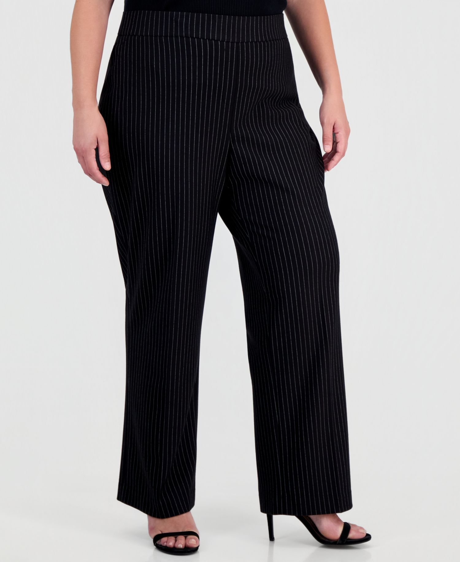 Plus Size Pull-On Pinstripe Wide-Leg Trousers