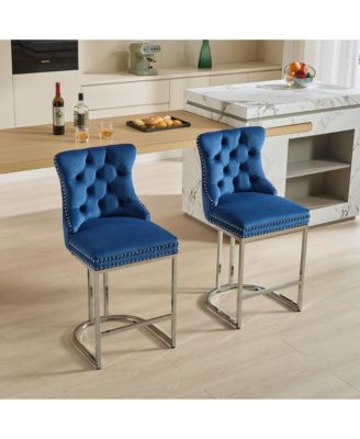 25" Counter Height Bar Stools Set of 2, Modern Velvet Barstools with Button BackandRivet Trim Upholstered Kitchen Island Chairs