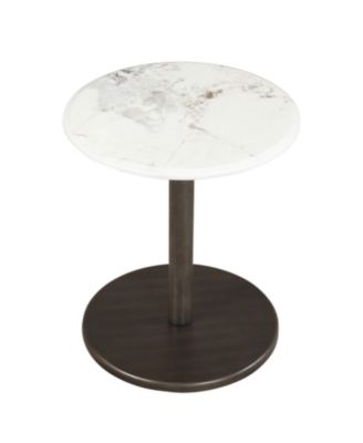 Marble Top Round End Table with Wooden Pedestal for Living Room