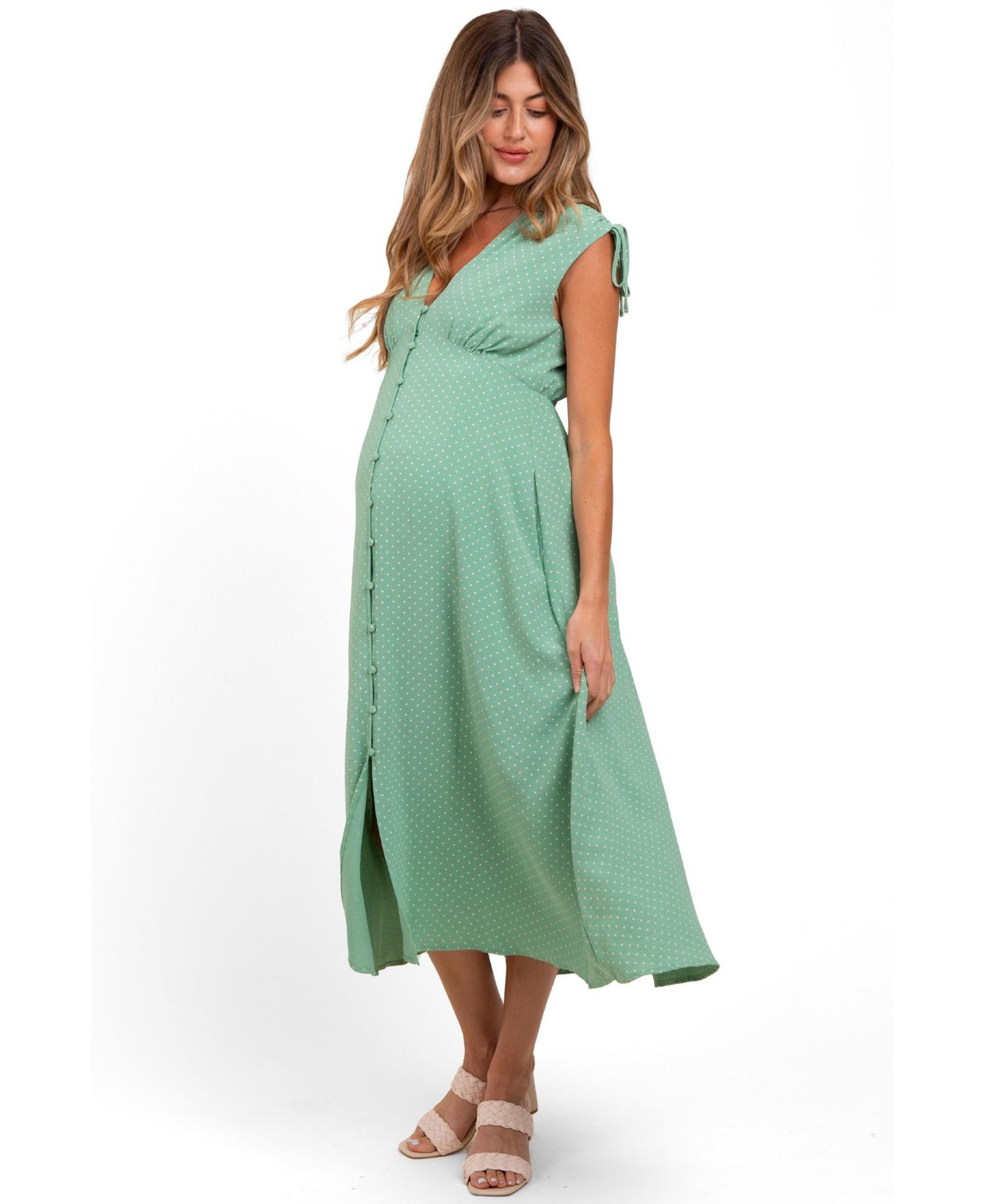 Women's Green Button-Down Polka Dot Shirred Bow Midi Dress