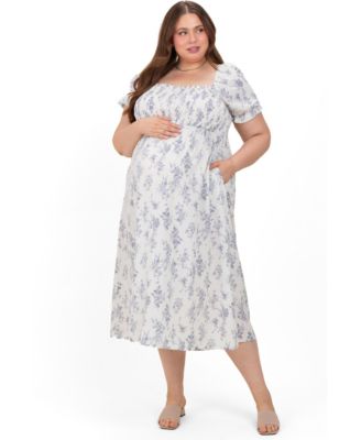 Plus Size Ivory Floral Smocked Sweetheart Neckline Midi Dress