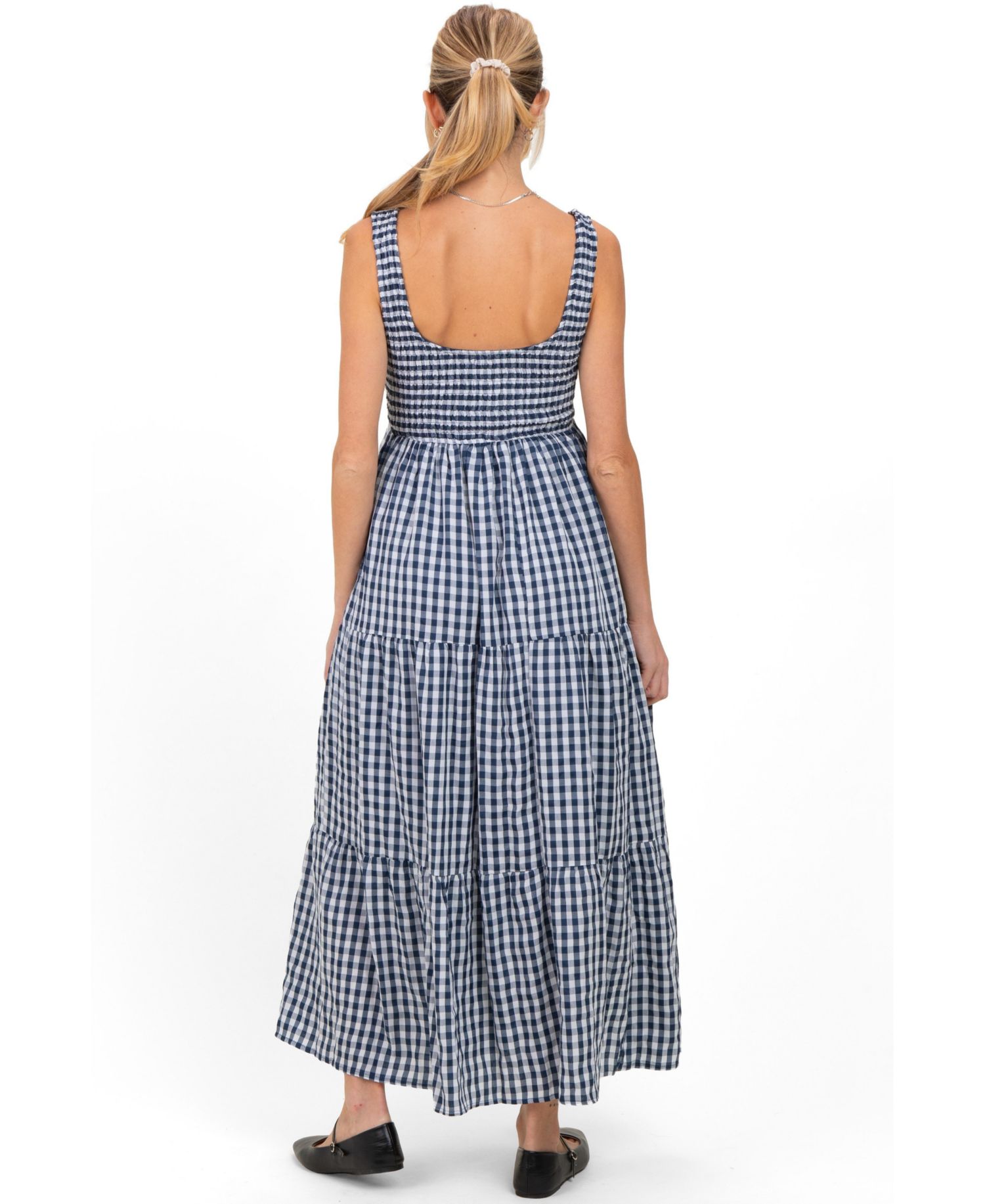 Maternity Blue Gingham Sleeveless Tiered Maxi Dress
