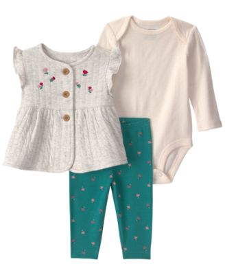 Baby Girls' Floral Sleeveless Cardigan, Bodysuit and Pants, 3-Piece Set