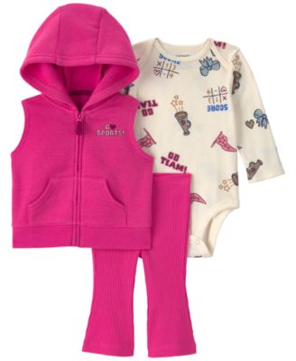 Baby Girls' Sports Fleece Sleeveless Hooded Vest, Bodysuit and Pants, 3-Piece Set