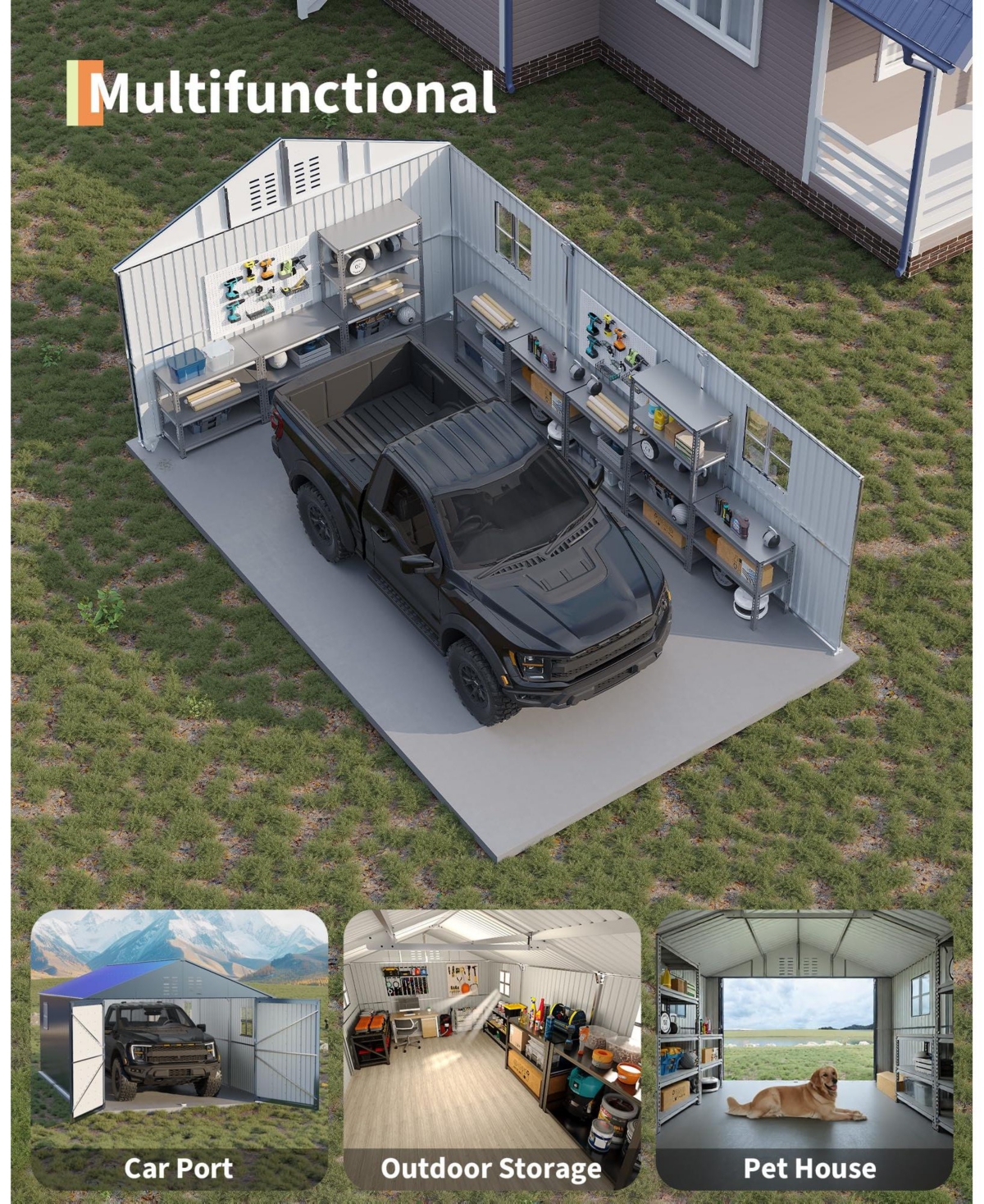 Homfan Fully Enclosed Iron Carport with Double Hinge Doors and 4 Skylight Windows, Heavy Duty Garage Shelter