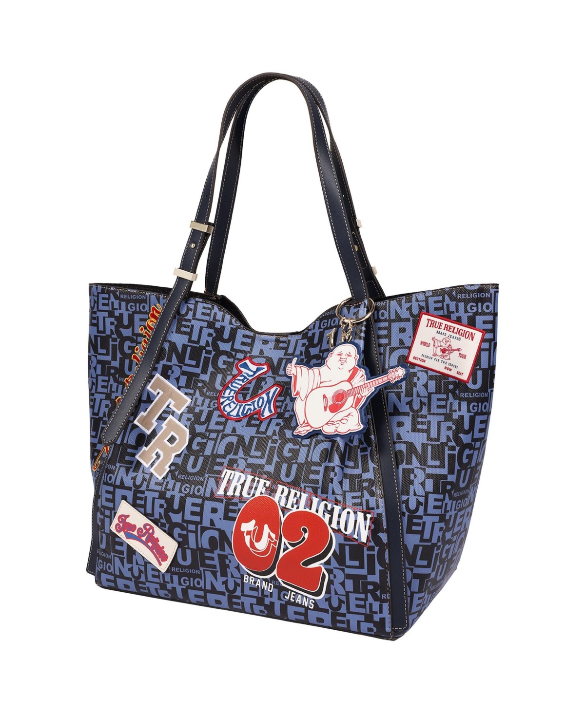 True Religion Women's Multi Patch Graphic Tote Bag with Buddha Charm and Adjustable Shoulder Straps