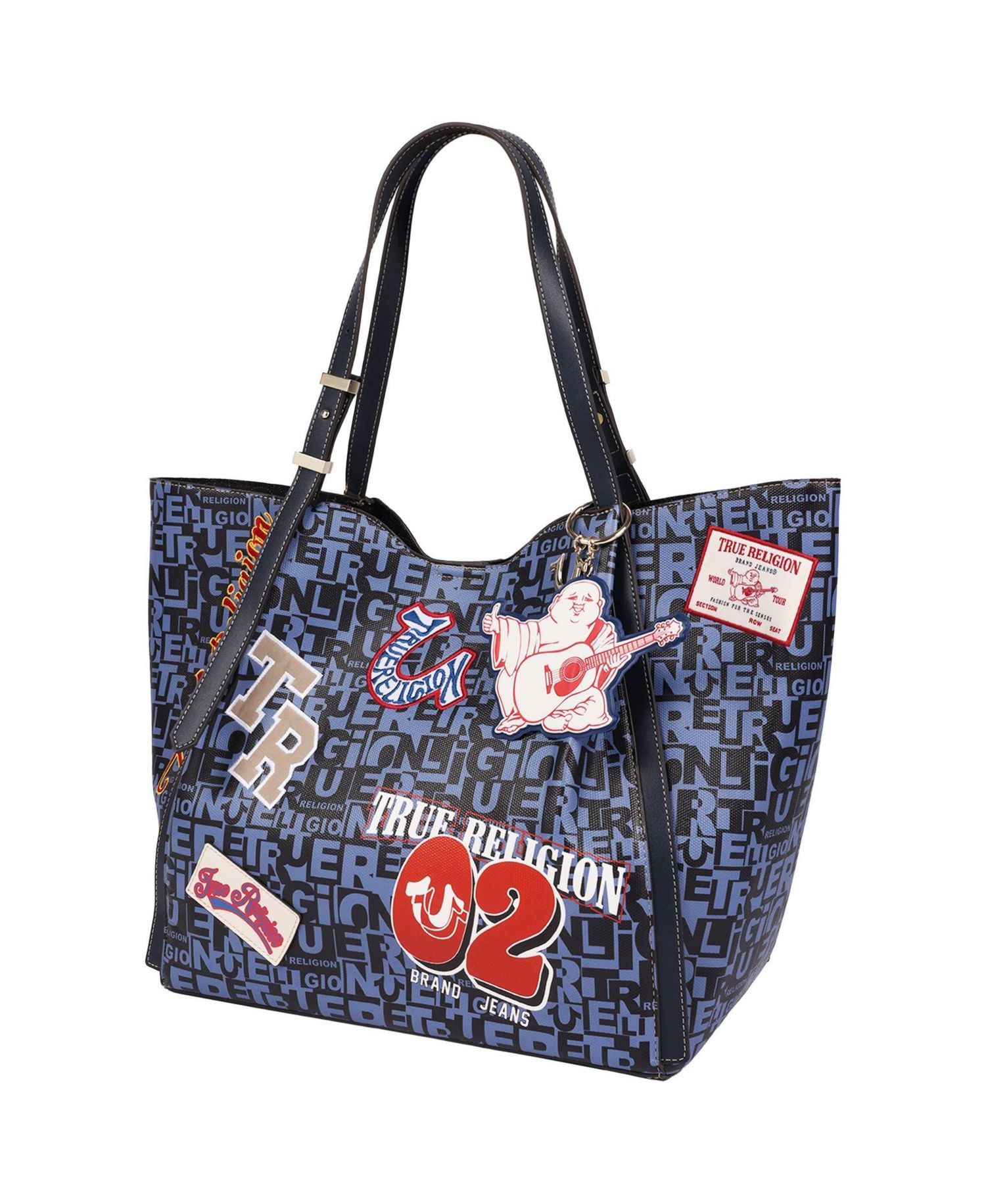 Women's Multi Patch Graphic Tote Bag with Buddha Charm and Adjustable Shoulder Straps
