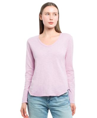 Women's Long Sleeve V-Neck Raw Hem Shirttail Tee